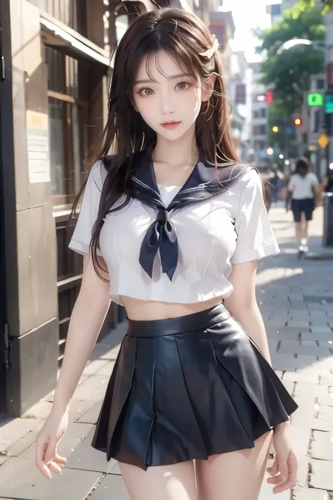 ( Super High Definition), (I'm looking over here), (school uniform:1.2, sailor suit, flared skirt), (Big Breasts:1.2), (Slimness:1.8), ( Read more:1.4), (thin thighs:1.4), ( thin hips:1.6), ( beautiful skin, shiny skin, white skin), (Super slim face, Sup...