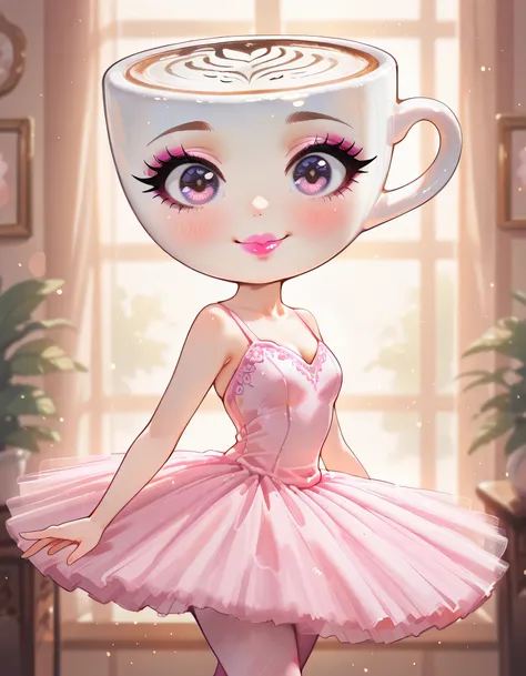 sideview,looking at viewer,cutecore, kawaiicore,,upperbody,1girl, ballerina cappuccina, object_head, white coffee cup head, big eyes,  makeup, mascara, eyelashes, pink blush, detailed lips,smile, light pink lipstick, ballerina, pink ballerina dress, bare s...