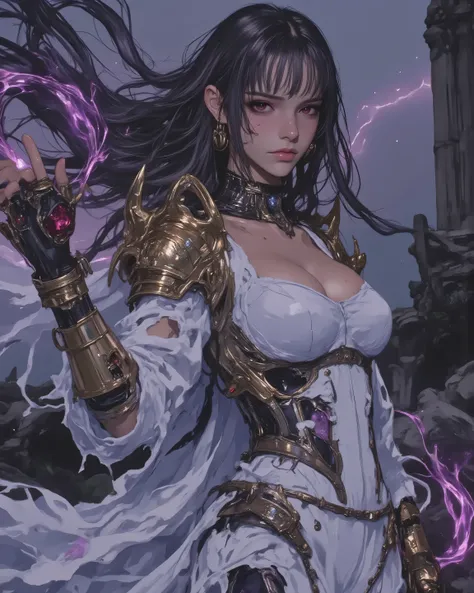 A highly detailed digital illustration of Velaris, seductive elven sorceress with anatomically perfect slender curvaceous body for sexy allure: narrow waist, full hips, toned limbs, subtle muscles under smooth skin. Skin: deep dusky gray-purple, ethereal l...