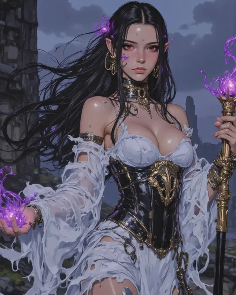 A highly detailed digital illustration of Velaris, seductive elven sorceress with anatomically perfect slender curvaceous body for sexy allure: narrow waist, full hips, toned limbs, subtle muscles under smooth skin. Skin: deep dusky gray-purple, ethereal l...