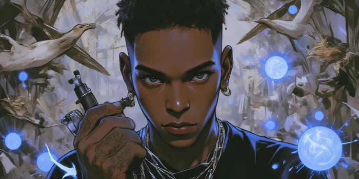 Black man in a surreal digital collage, tattoo artist theme — he holds a tattoo machine, surrounded by glowing orbs of blue and grey energy, cranes flying around him, and abstract symbols like lizards and geometric forms. His expression is deep, introspect...