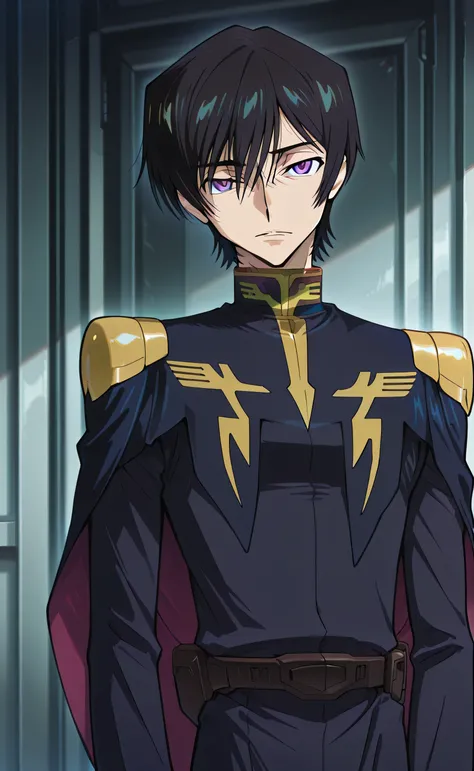 1male, solo, Lelouch Lamperouge, black hair, short hair, purple eyes, black military-uniform, Gundam GQuuuuuuXジークアクス character