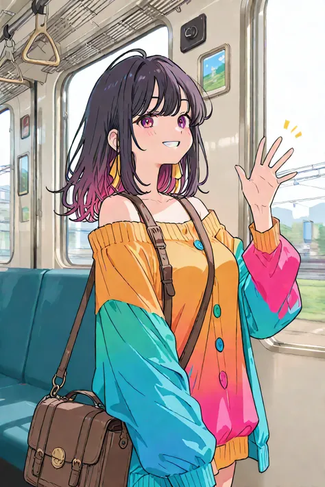 Girl in clothes with big buttons、sweater、Teenage Girls、Off-the-shoulder clothing、on the train、 waving her hand and smiling 、Resplendent Car Window