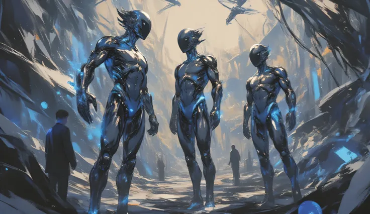 Three identical entities emerge from incandescent matter. They weren't just beings, but embodied concepts: the synthesis between what is alive and what is impossible. Their shapes are humanoid, but they go beyond the logic: a sacred and alien symmetry shap...