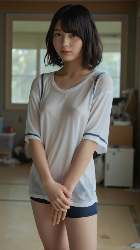 In a dirty tatami room with a dreamy bokeh effect blending stained mats and a cluttered corner into a soft haze, a captivating Japanese young woman, styled as a 34-year-old cosplayer, stands facing forward, her full-body pose framed from an upper-body angl...