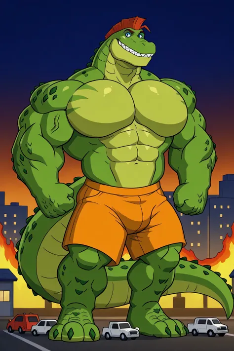 A gigantosaurus rex, g-rex, green giant strong dinosaur, green scales skin, golden chest, ginormous biceps, enormous pectorals, detailed abs, long tail, full body, giant size, macro size, 50-foot size, 100 feets tall, city background, buildings collapsing,...