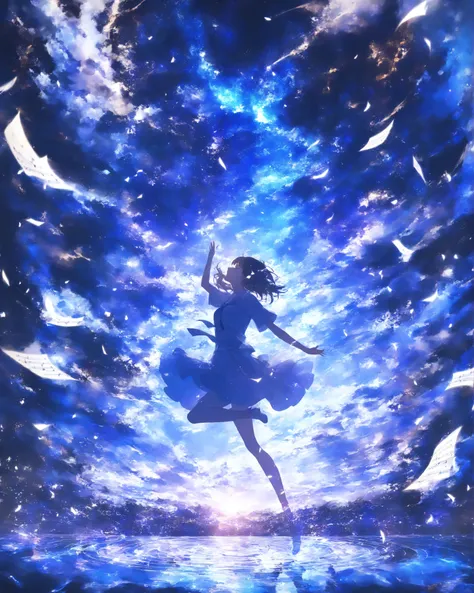 Super Detailed, An Artistic Masterpiece, 8K Wallpaper, Human Highlights 、Person Up、The music played by the girl violently fills the space, scattered notes shake the surrounding air, dynamic poses like dancing, Singing expression, musical notes surround the...