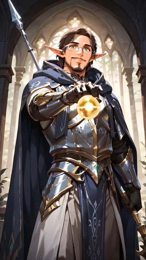 masterpiece, ultra-detailed, best quality, (1 boy, solo, male elf, ethereal warrior mage, (silver eyeglasses, small eyeglasses), emerald eyes, confident smile, (right hand holding a spear, detailed hand wrapping around wooden spear shaft, ornate spear with...