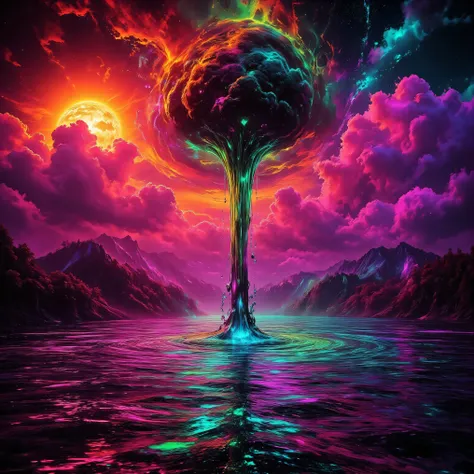 Ultra-realistic, photo-realistic, the most aesthetically incredible images of a sunset ever made. The fireball that is the sun appears overly enormous and low and overly bright in the sky, partially obscured by many cumulus clouds that have turned purple a...