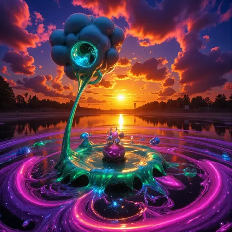 Ultra-realistic, photo-realistic, the most aesthetically incredible images of a sunset ever made. The fireball that is the sun appears overly enormous and low and overly bright in the sky, partially obscured by many cumulus clouds that have turned purple a...