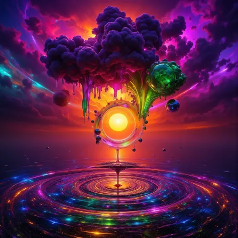 Ultra-realistic, photo-realistic, the most aesthetically incredible images of a sunset ever made. The fireball that is the sun appears overly enormous and low and overly bright in the sky, partially obscured by many cumulus clouds that have turned purple a...