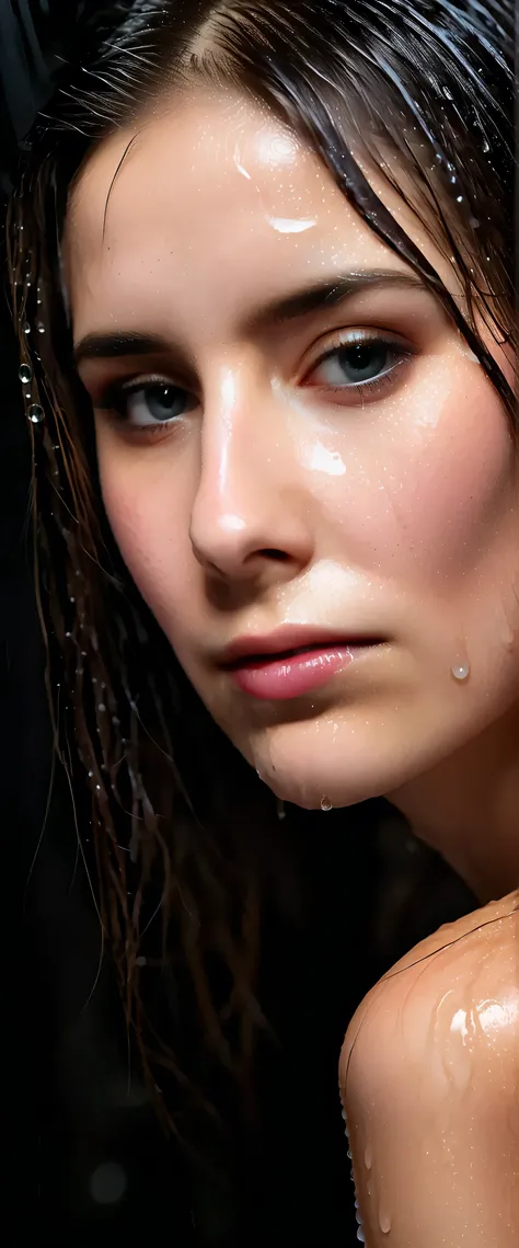 EpiC35mm, The image shifts to a top-down perspective, showcasing a close-up of the girl's face. The dark background accentuates the overall somber and gloomy atmosphere. The girl's disheveled, wet hair clung to her face, highlighting facial details and met...