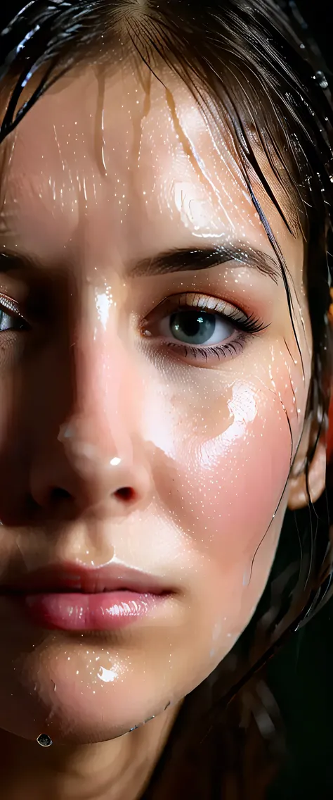 EpiC35mm, The image shifts to a top-down perspective, showcasing a close-up of the girl's face. The dark background accentuates the overall somber and gloomy atmosphere. The girl's disheveled, wet hair clung to her face, highlighting facial details and met...