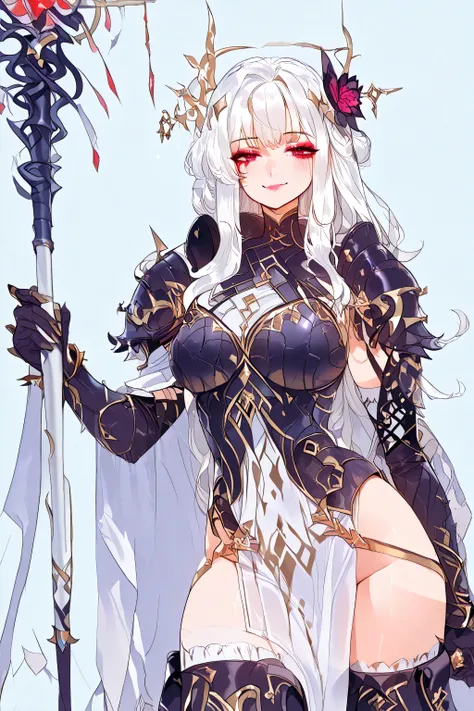 holding staff , thighhighs, elbow gloves, pelvic curtain, thigh boots,armor, pauldrons, thighhighs, elbow gloves, pelvic curtain, thigh boots, 1girl, sallywhitemane, white hair, long hair, red eyes, makeup, cheeky smile, simple background, hair ornament, 