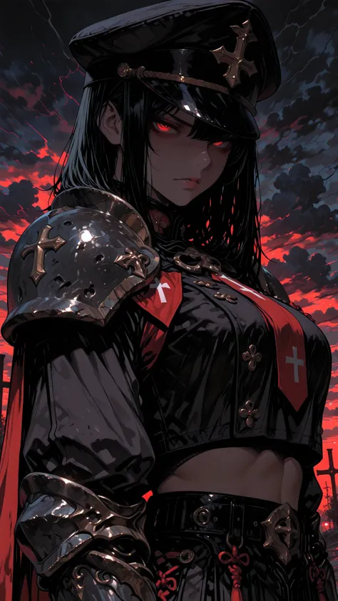 masterpiece, best quality, ultra detailed, (anime style:1.2), japanese animation, cel shaded, high contrast, cinematic lighting, dramatic lighting, volumetric lighting, rim light, atmospheric lighting, storm clouds, dark sky, military character, female war...