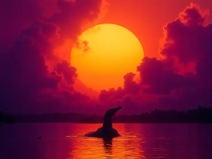 Ultra-realistic, photo-realistic, the most aesthetically incredible images of a sunset ever made. The fireball that is the sun appears overly large, orange, burnt orange, yellow, hanging low, and overly bright in the sky, partially obscured by many cumulus...