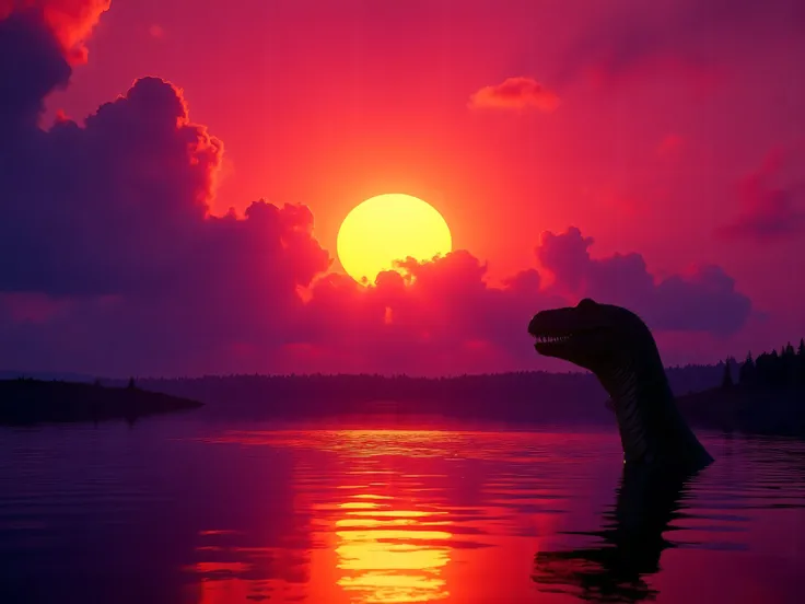 Ultra-realistic, photo-realistic, the most aesthetically incredible images of a sunset ever made. The fireball that is the sun appears overly large, orange, burnt orange, yellow, hanging low, and overly bright in the sky, partially obscured by many cumulus...