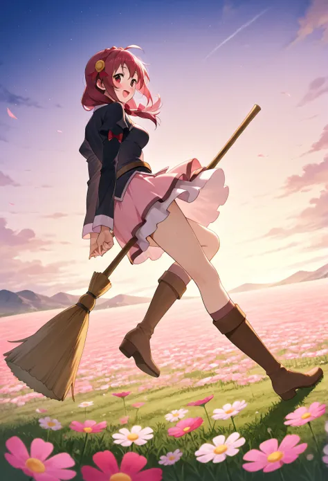 Yunyun konosuba、blush、Highest Quality、(She is flying on a broom)、(flying through the sky on a broom)、,outside、evening、Vast cosmos field、I'm moved、Open His Mouth、happy、Stunning、side view