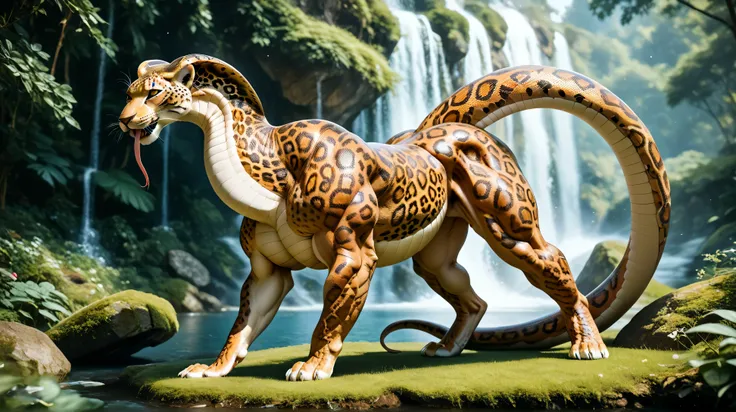 The serpopard is a hybrid fantasy creature, bestehend aus Schlange und Leopard,with the powerful muscular leopard body and the Leopard head both the muscular legs, musculare Body, the long wide muscular neck and tail of a snake, long muscular neck, long ta...