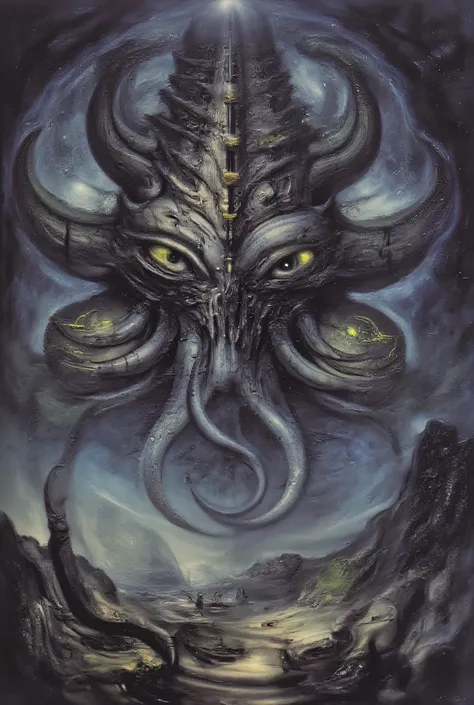Ancient horror deity with multiple eyes, non-Euclidean geometry, ethereal tentacles, cosmic dread, dark void background, glowing sigils, unknowable form, eldritch symbols, surreal landscape, photorealistic