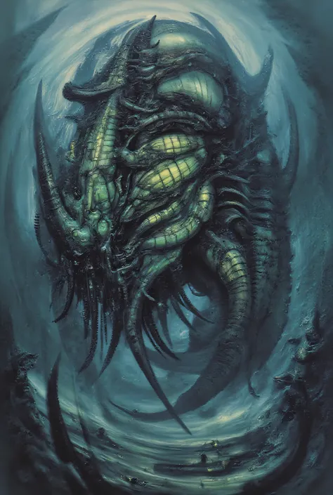 Eldritch horror lurking beneath the ocean, bioluminescent features, massive scale, incomprehensible anatomy, dark abyss, cosmic horror, Lovecraftian influence, reality-bending, otherworldly presence, detailed textures