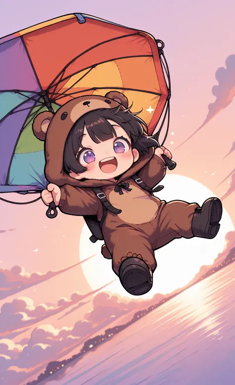 cartoon style, expressive characters, pop colors, dynamic pose, masterpiece, best quality, ultra-detailed:1.3, Kuma, 1boy, male, solo, short black hair, lavender eyes, wearing brown bear onesie, bear hood, black boots, Parachute Day theme, skydiving mid-ai...