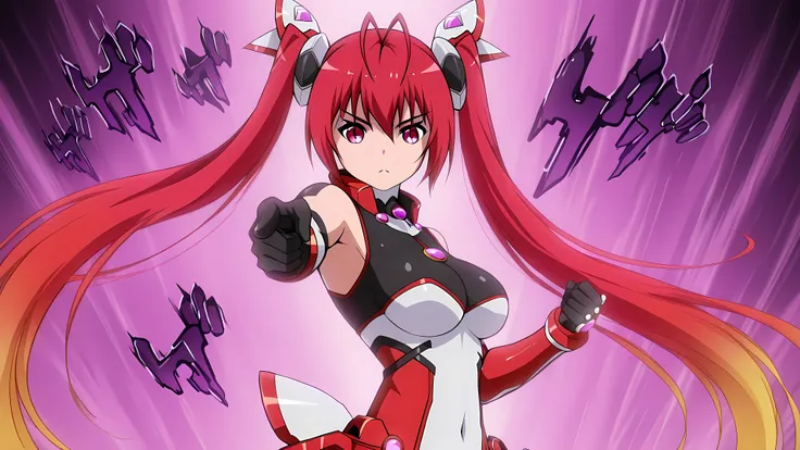 anime, t-red, 1girl, red eyes, red hair, twintails, very long hair, ahoge, gradient hair, multicolored hair, large breasts, j0t4r0, pointing, from side, looking at viewer, jojo pose, menacing, aura, fantastic background,