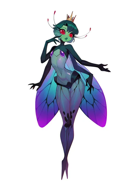masterpiece, cartoon character, animated character, attractive anthropomorphic fly queen, voluptuous female figure, translucent insect wings, elegant body with chitin texture, crown-shaped antennas, seductive pose, white background, full body, full body im...