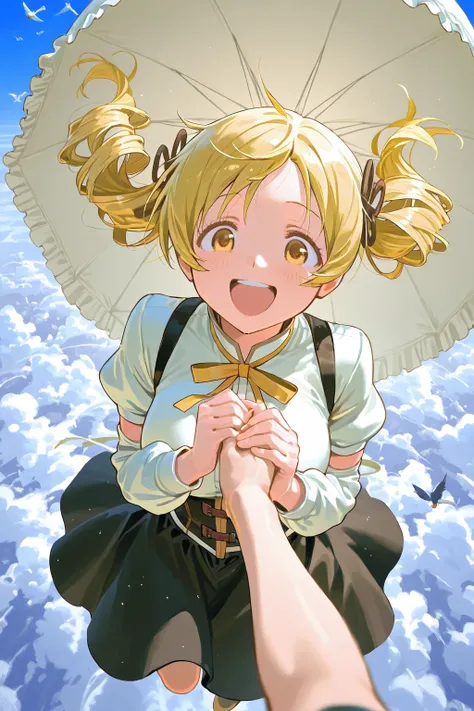 Bird’s Eye View, Tomoe Mami floating in high air,  
one hand holding large dome-shaped elegant frilled umbrella used as a parachute, 

the other hand touching her skirt, 
strong wind blowing through her hair and skirt, 

extremely excited expression, wide ...