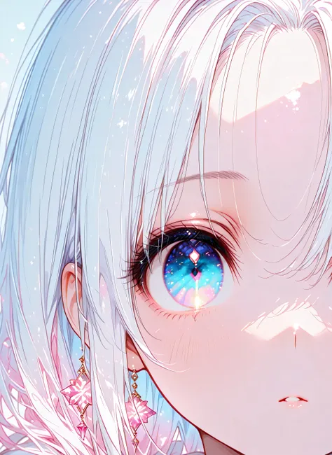 BEST DETAILS、Greatest Masterpiece, Highest Quality, Perfect Eyes, Newest, high definition, absurd, details, staring at the viewer, 1girl, solo,  Color Difference, Milky white hair, close up beside the viewer, depth of field,(forehead),pink and light blue p...
