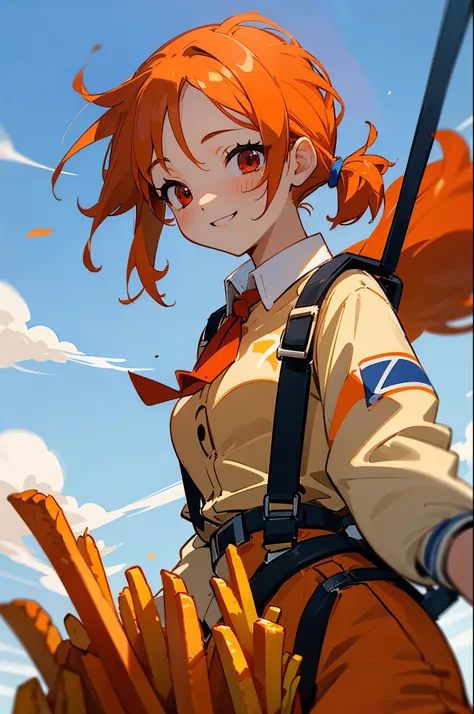 1cute woman、sky, clouds, harness, suspended, cowboy shot、Skydiving,  parachute, Wearing a parachute harness、orange jumpsuit、orange hair、Side Ponytail、Red Eyes、Smile、((a lot of french fries:1.3))、Blue sky and sun background、