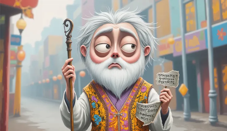 qualidade superior, obra-prima, detalhado, Prophet Kindness in a chibi cartoon version, super deformed proportions with a large head and small body, huge, shiny eyes, soft features,  stylized white beard in the shape of a heart, shoulder-length white hair,...