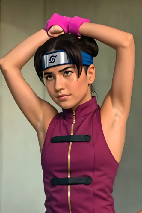 Tenten,human woman with fair skin and slight tan.with brown eyes and pink clothing. Her hair is long and brown in color; She is beautiful. Fair skin.Tsundere face. Pink eye shading,mature appearance,armpits,sweat,sweaty,sweaty armpits,arms up,showing armpi...