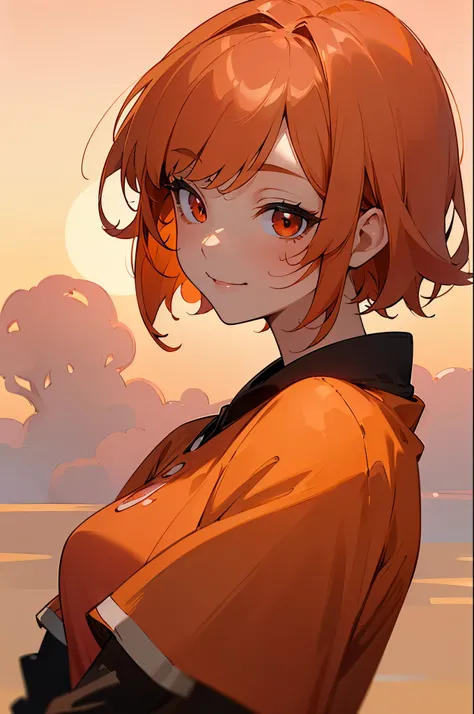 (masterpiece、Best Quality)、Exquisite details、8k、Sharp focus、(Bokeh) (Best Quality) (Skin refinement:1.3) (Exquisite details) (8k) (Detailed) (anime)、one woman、solo、orange hair、bob hair、round red eyes、seductive Smile、From the side、Orange Clothes、black inner...