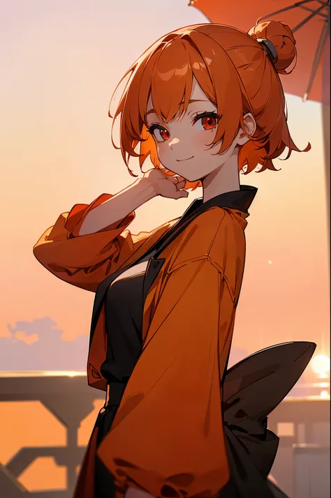 (masterpiece、Best Quality)、Exquisite details、8k、Sharp focus、(Bokeh) (Best Quality) (Skin refinement:1.3) (Exquisite details) (8k) (Detailed) (anime)、one woman、solo、orange hair、bob hair、round red eyes、seductive Smile、walk at night、From the side、Orange Cloth...