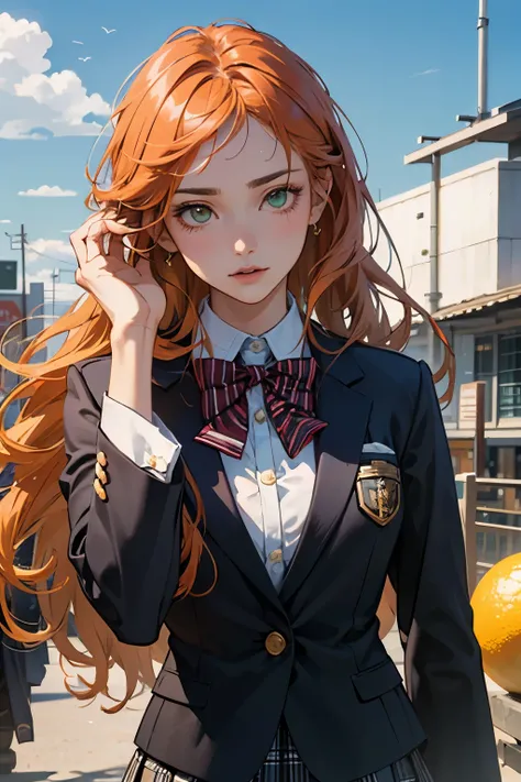 High resolution masterpiece, excellent quality, 8K, extremely detailed, ultra realistic, ultra photographic, chica, orange hair, ash brown, lemon green eyes, beautiful face, beautiful eyes, very detailed face, black school uniform winter blazer , blue plai...