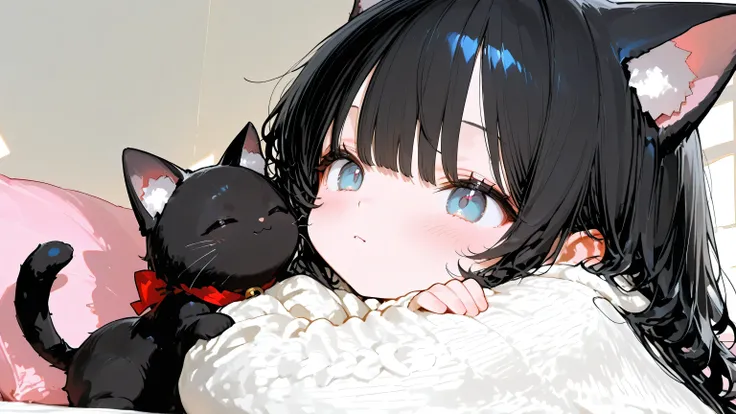 1 girl, cute black cat ears, black hair, long sleeve, white knit