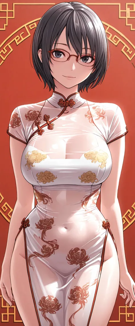 high definition, Adult Female , Good Lighting, , (((china dress,See-through))), , Abdominal area only, cute face creampied, , (thin waist)((short hair,dark hair)),Glasses