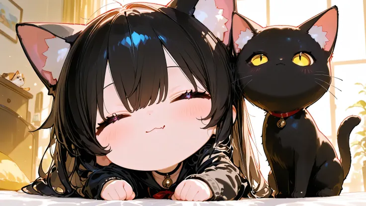 masterpiece,anime art, best quality, 1girl and cat, (very cute girl), (comical deformed large black cat
),