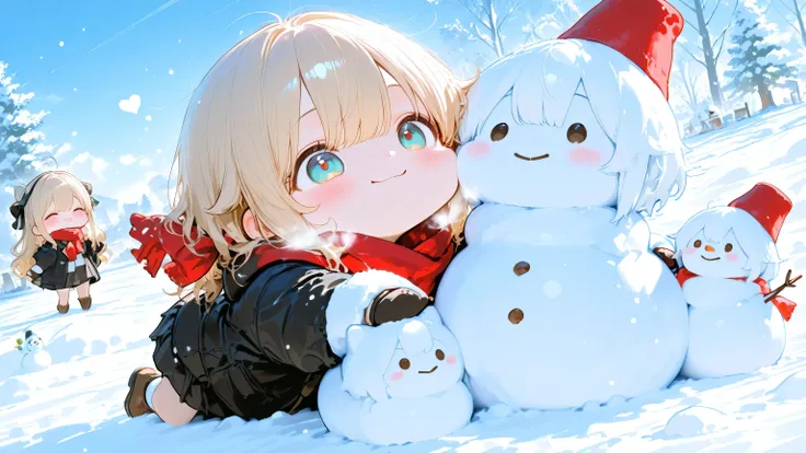 highest quality、 Hi-Res、( high image quality:1.2)、 Masterpiece、 detailed background on a futon、Realistic、 RAW photos 、A quiet winter afternoon 、 Fluttering down in the snow 、 A got carried away and made a snowman 、 A girl wearing black gloves smiles sati...