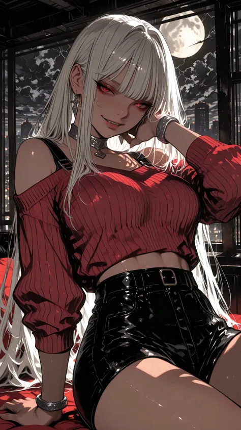 Very long hair, white hair, straight bangs, red eyes, intense expression, seductive macabre little smile, confident pose, toned skin, exposed midriff, defined body, waist up, dynamic pose, looking at viewer, wearing a tight dark red ribbed cropped off-the-...