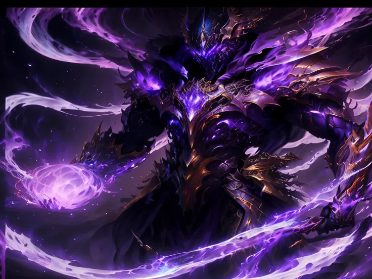 a picture of a man with a purple robe and a purple ball, purple glowing core in armor, league of legends character, nocturne from league of legends, trending on artstation.', league of legends arcane, splash art, aurelion sol, djinn man male demon, style o...
