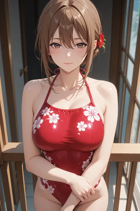 Japanese woman wearing a red swimsuit with a red floral pattern、while basking in the morning sun on the Balcony of a luxury resort hotel、Balcony、Kiss me deeply、women and men、高級リゾートホテルのBalconyで朝の太陽を浴びながら、Japanese woman with medium brown hair in a swimsuit、t...