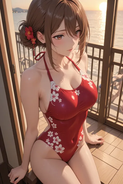 Japanese woman wearing a red swimsuit with a red floral pattern、while basking in the morning sun on the Balcony of a luxury resort hotel、Balcony、Kiss me deeply、women and men、高級リゾートホテルのBalconyで朝の太陽を浴びながら、Japanese woman with medium brown hair in a swimsuit、t...