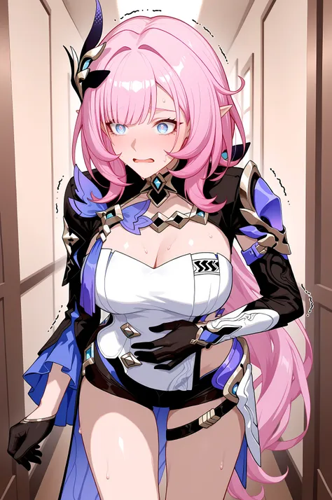 Elysia, pointy ears, long hair, ponytail, pink hair, elysia (honkai impact),
Ely_Def, asymmetrical sleeves, shirt, hair ornament, black shorts, short shorts, cleavage, long sleeves, bblack gloves, , jewelry,
cowboy shot,

Solo, general, masterpiece, highre...