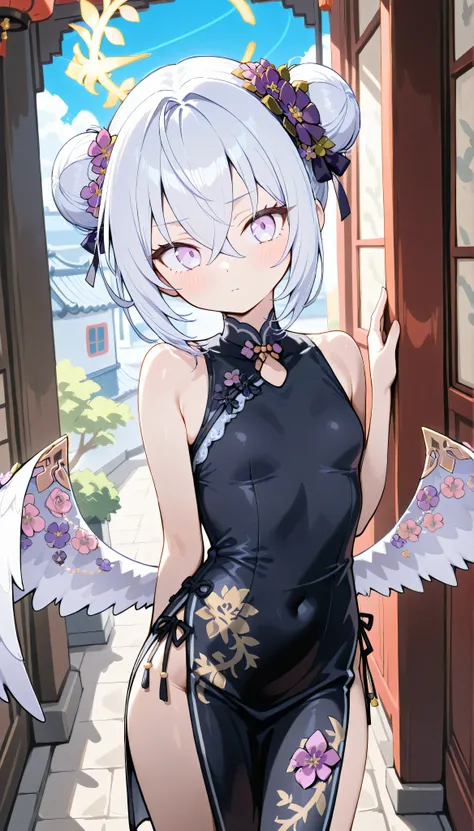azusa (blue archive),purple eyes,white hair,short hair,double bun,wings,hair flower,halo, solo, I can see my eyebrows from the inside of my hair, hair between eyes,　 is embarrassing, masterpiece, Best Quality, very aesthetic,　outdoor, china town,　qipao, bl...