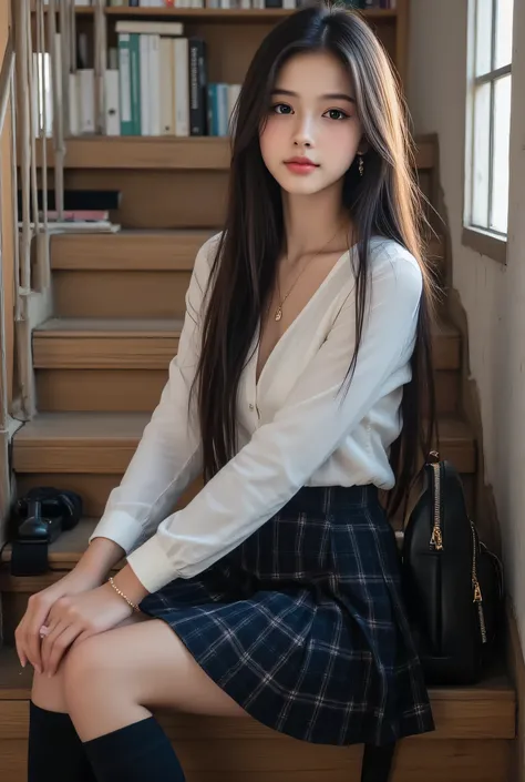 she A chic backpack is placed beside。Perfect 8K HD image quality、(Girl sitting by the wall of a cellar in the cellar in the cellar in the basement)、a girl sitting on the stairs in front of the library。looks like an idol、happy and sparkling smile。Designed f...