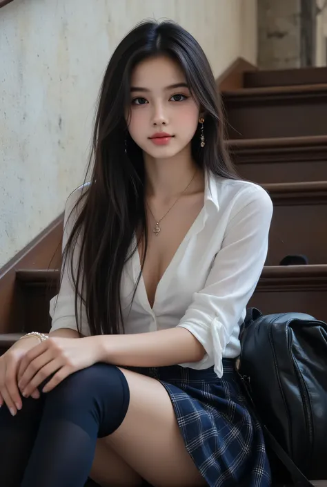 she A chic backpack is placed beside。Perfect 8K HD image quality、(Girl sitting by the wall of a cellar in the cellar in the cellar in the basement)、a girl sitting on the stairs in front of the library。looks like an idol、happy and sparkling smile。Designed f...