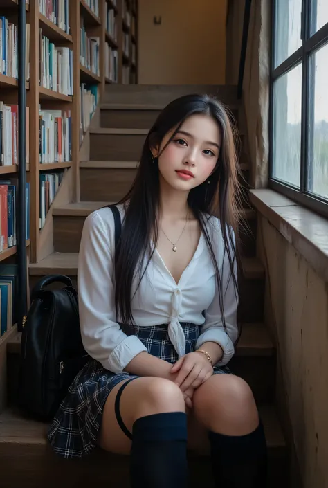 she A chic backpack is placed beside。Perfect 8K HD image quality、(Girl sitting by the wall of a cellar in the cellar in the cellar in the basement)、a girl sitting on the stairs in front of the library。looks like an idol、happy and sparkling smile。Designed f...