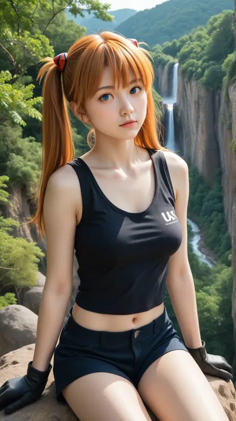 Masterpiece, best quality, 8k, ultra high resolution, photorealistic, cinematic composition.1girl, solo,asuka langley,blue eyes,orange hair,outdoors,potrait,forest,medium breast, navel,(cliff background:1.4),uder waterfall,(Bangs:1.3),(black tanktop:1.5),p...